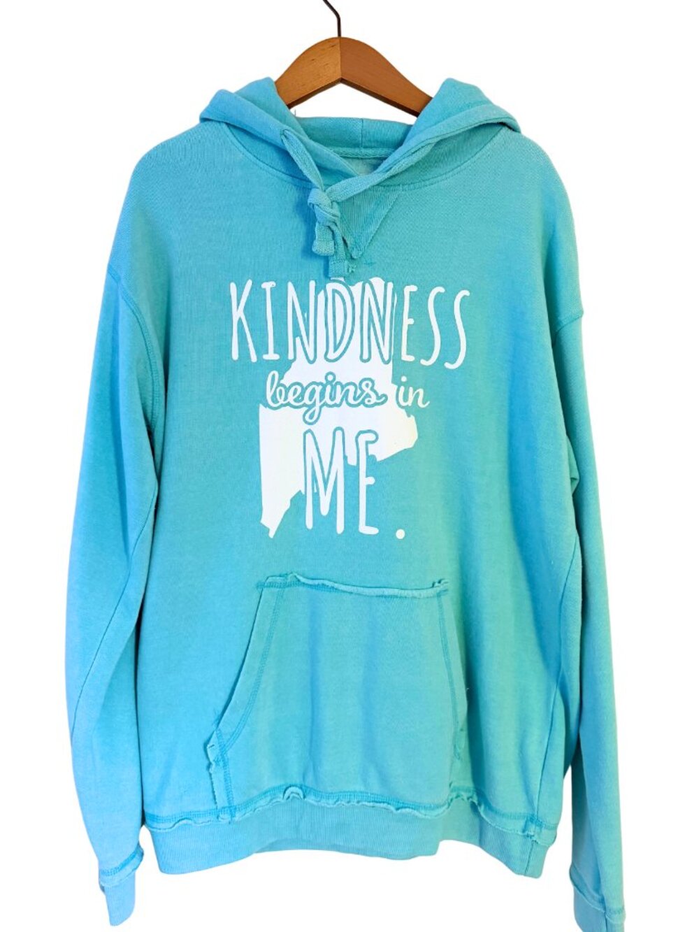 Kindness Begins in ME Maine Graphic Distressed Hoodie Blue Large